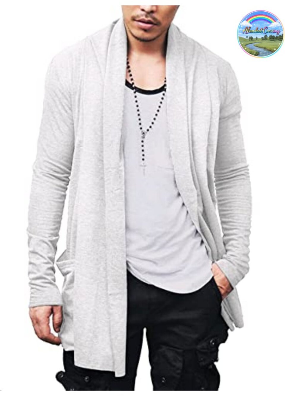 Men's Ruffle Shawl Collar Long Cardigan Open Front Lightweight Sweater